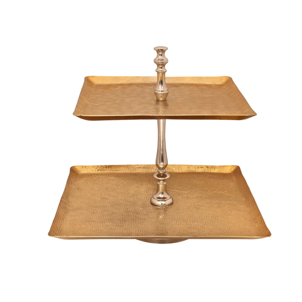 Aluminium Square 2 Tier Stand with Stainless Steel Gold Finish 40 cm