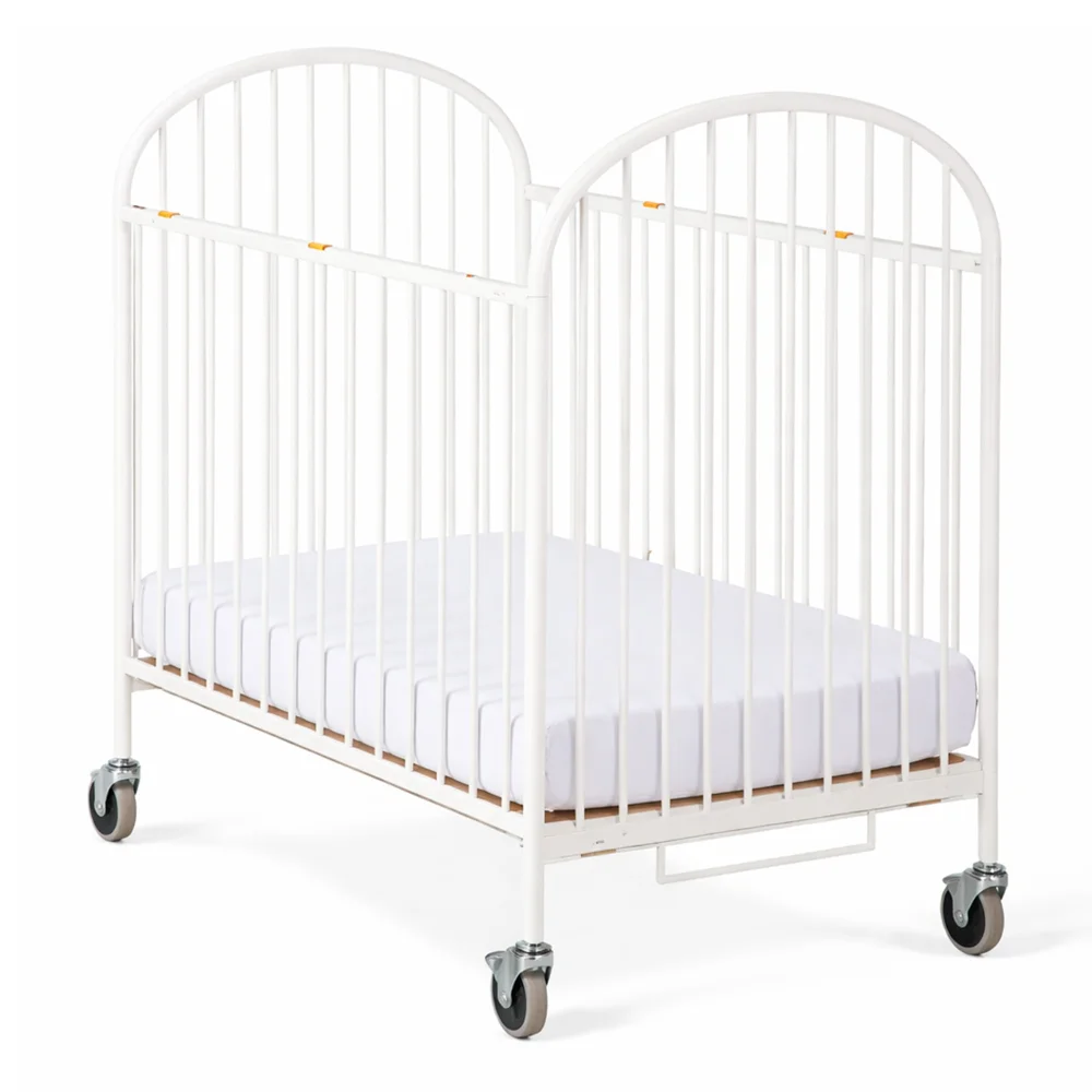 Foundations Pinnacle Compact Size 4 Sides Folding Metal Baby Crib With Mattress, White