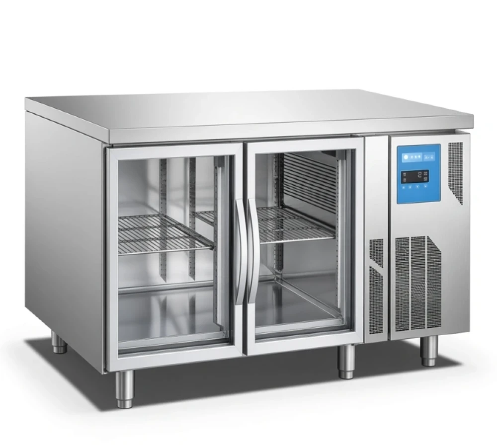 Worktop Chiller Double Glass Hinged Door, 260 Litter Capacity, 230 W, Ventilated Cooling, 135 x 70 x 85 cm (L x W x H)