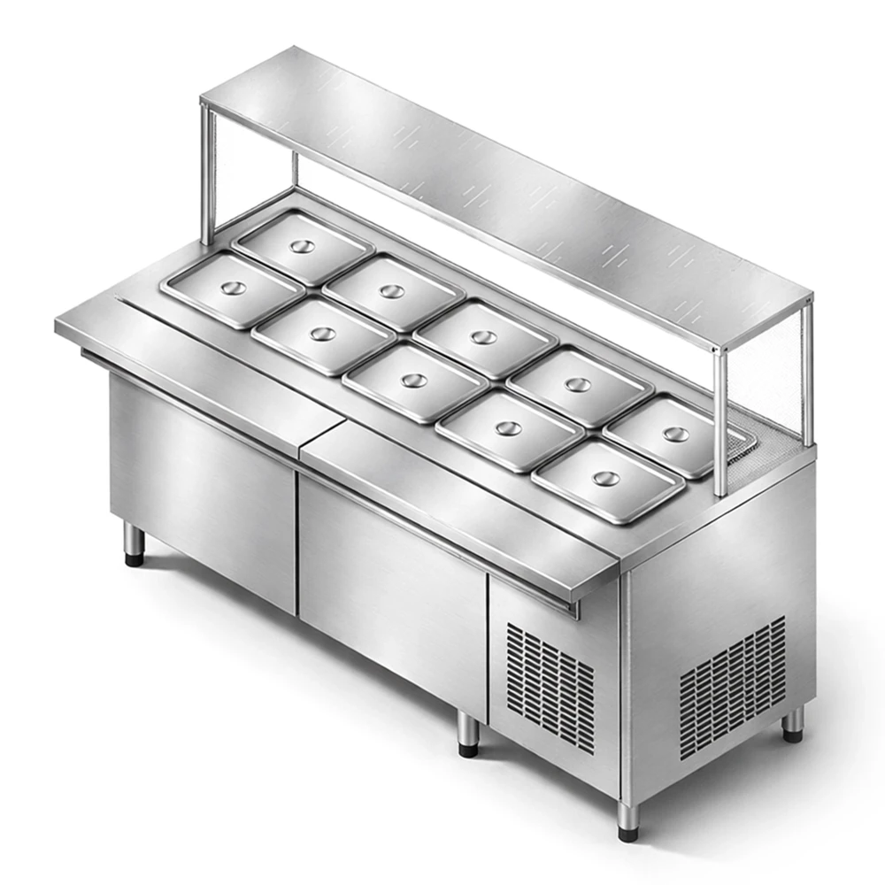 Salad Chiller Electric Includes 10 Containers GN 1/2 Foldable Top Sneeze Guard Stainless Steel and Glass 180 × 100 × 135 cm (L × W × H)