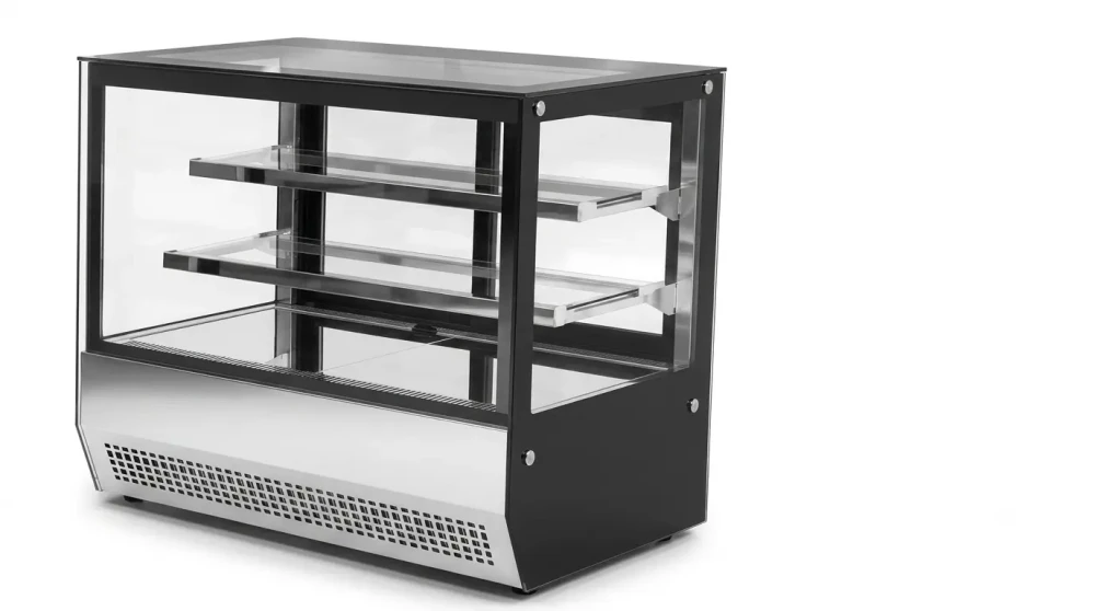 Tabletop Cake Showcase Refrigerator 2 Shelves Stainless Steel Black Mirror Base 90 × 56 × 73 cm (L x W x H)