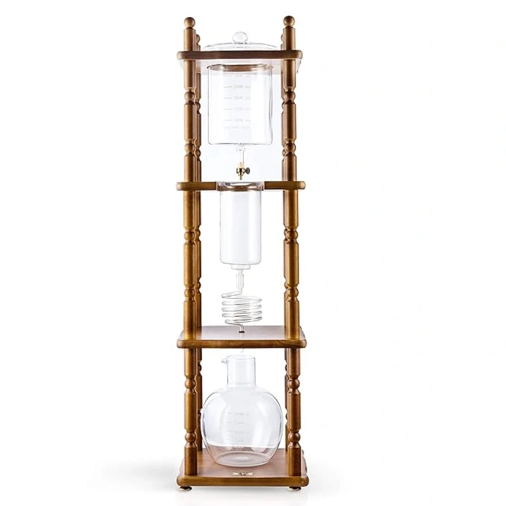 Yama Glass Cold Drip Coffee Maker with Curved Brown Wooden Frame, 25 Cups, Hand-Blown Borosilicate Glass, 29.8 × 29.8 × 112.4 cm (L × W × H)
