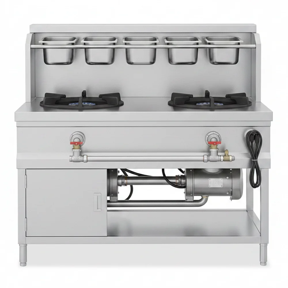 Gas Range 2 Burner Stainless Steel Brushed Finish NG/LPG with 40 × 40 cm Cooking Surface, 5 cm Backsplash & Container Support 160 × 110 × 120 cm (L × W × H)