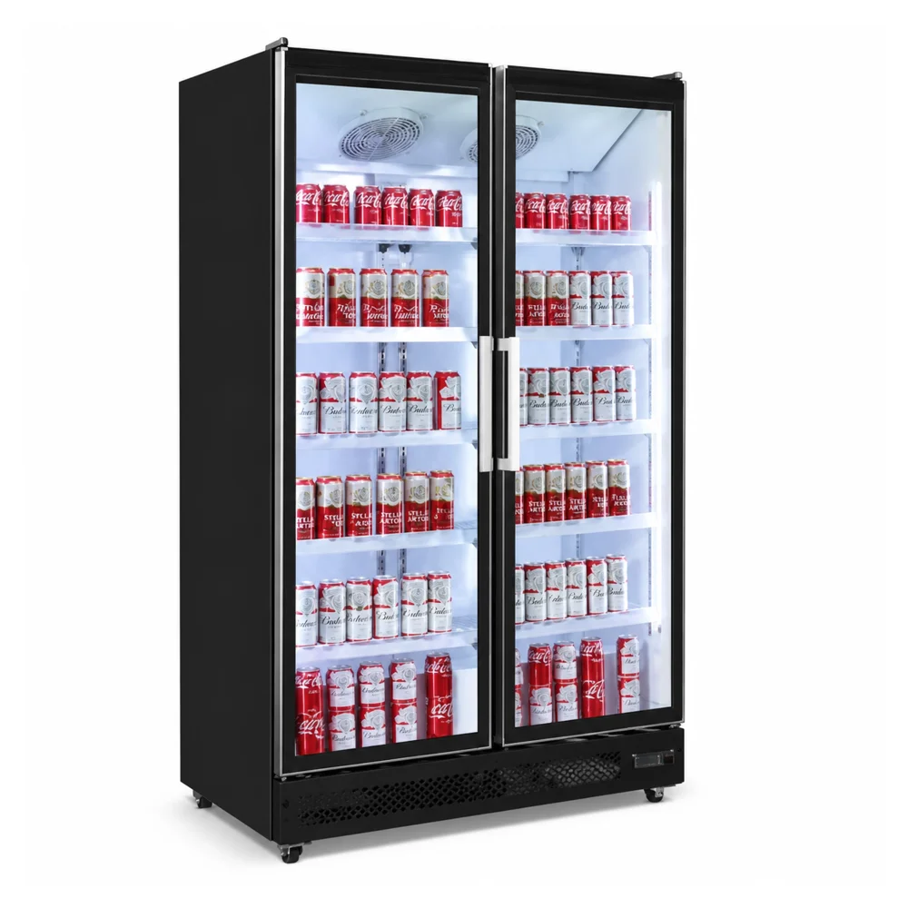 Display Chiller 1200L Stainless Steel Black & White Fan CoolingLEDLighting 2 Glass Doors 125 × 70.5 × 203 cm (L × W × H)