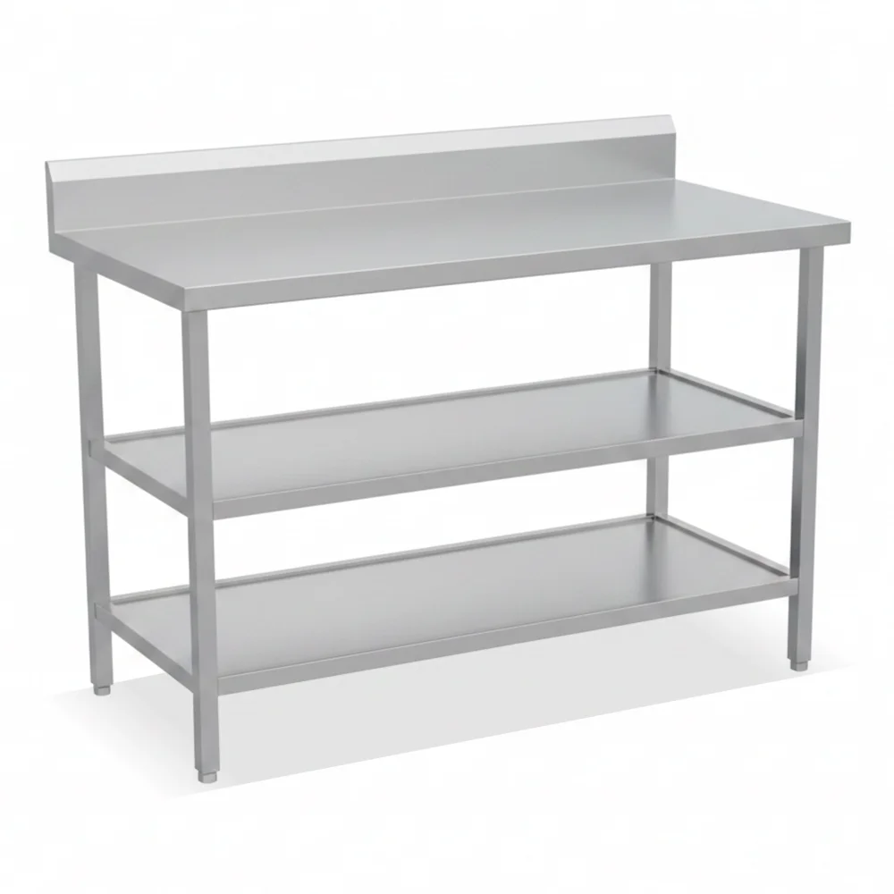 Infill Table AISI 304 Stainless Steel Brushed Finish with Backsplash & Mid Bottom Shelf 40 × 75 × 85 cm (L × W × H)