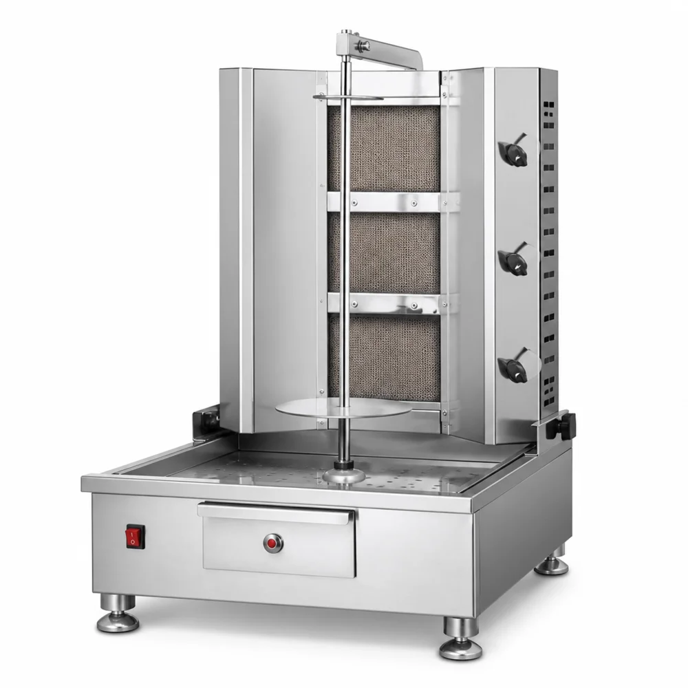 Shawarma Machine 3 Burner Gas Stainless SteelLPG British Plug with 2800 Pa Gas Pressure 62 × 62 × 87 cm (L × W × H)