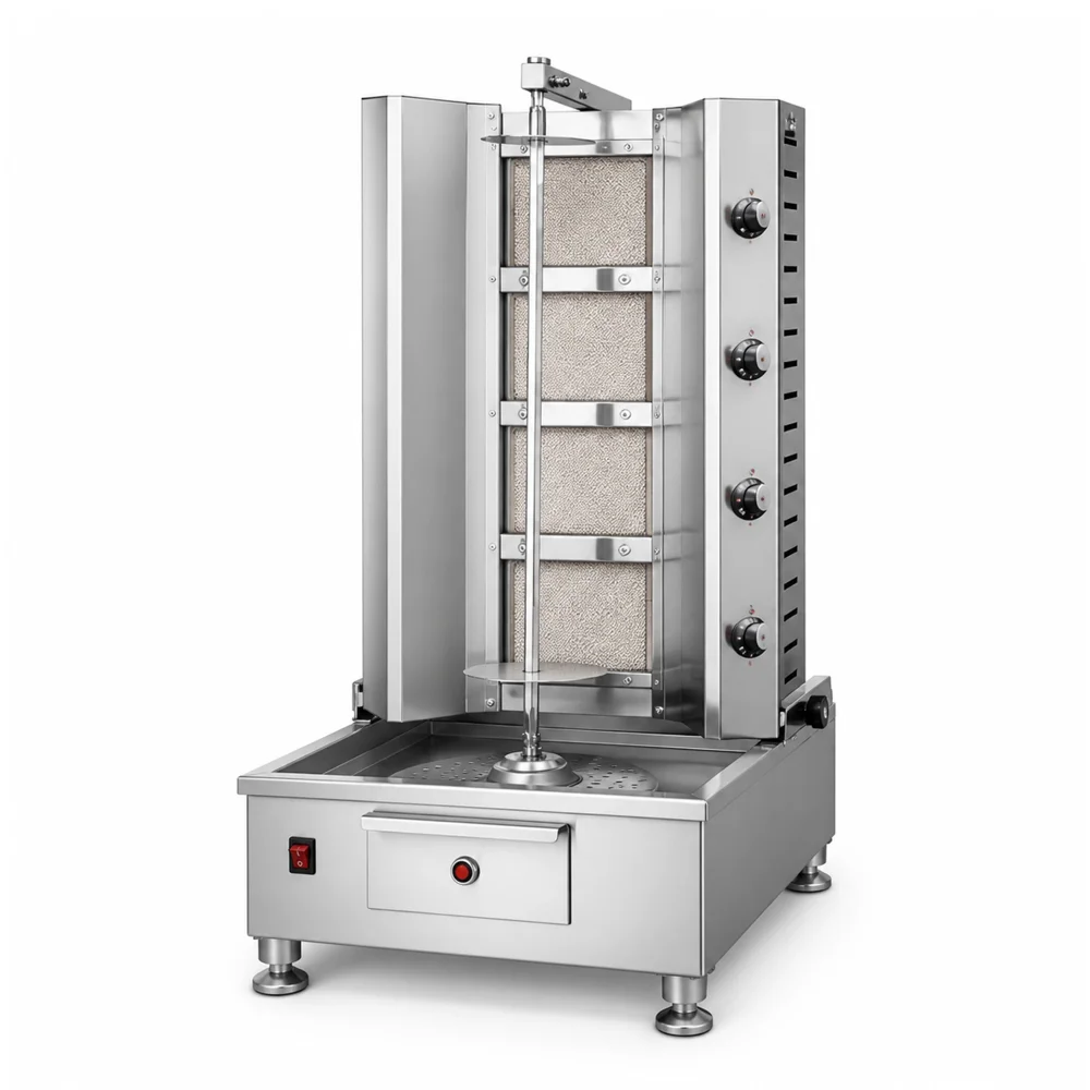 Shawarma Machine 4 Burner Gas Stainless SteelLPG British Plug with 2800 Pa Gas Pressure 62 × 62 × 105 cm (L × W × H)
