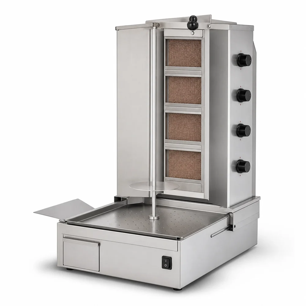 Shawarma Machine 4 Burner Gas Stainless SteelLPG 12.5 kW with 100 mbar Pressure & Auto Gas Cut-Off 78 × 65 × 110 cm (L × W × H)
