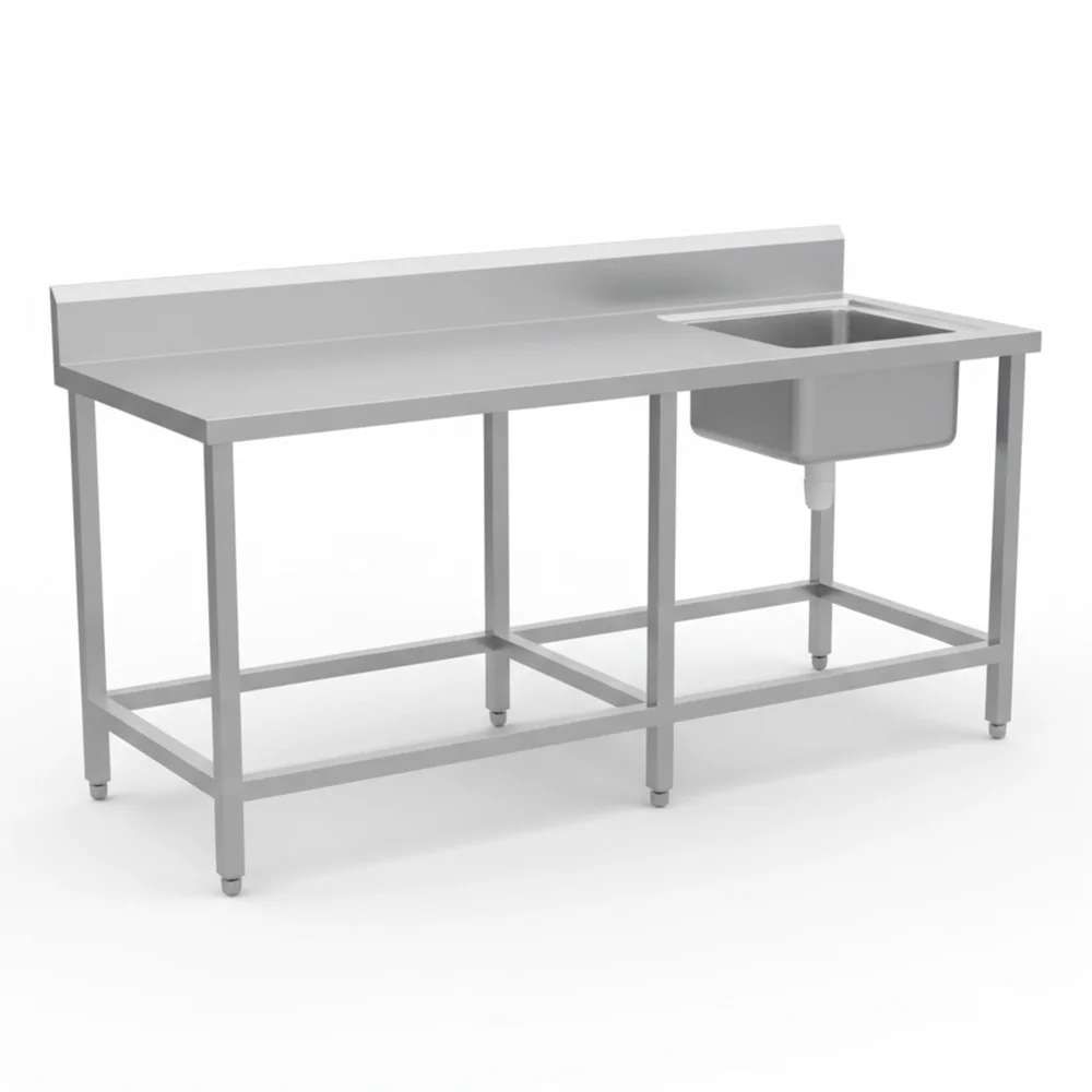 Entry Table with Sink and Cross Support Single Bowl AISI 304 Stainless Steel Brushed Finish Adjustable Feet 50 × 40 × 25 cm Bowl 1700 + 1500 × 75 × 90 cm (L × W × H)