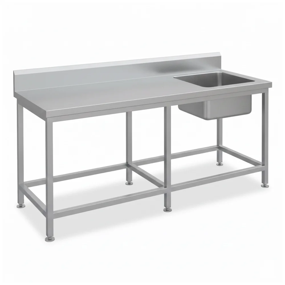 Sink Table with Cross Support Single Bowl AISI 304 Stainless Steel Brushed Finish Adjustable Feet  50 × 40 × 25 cm Bowl 465 × 75 × 90 cm (L × W × H)