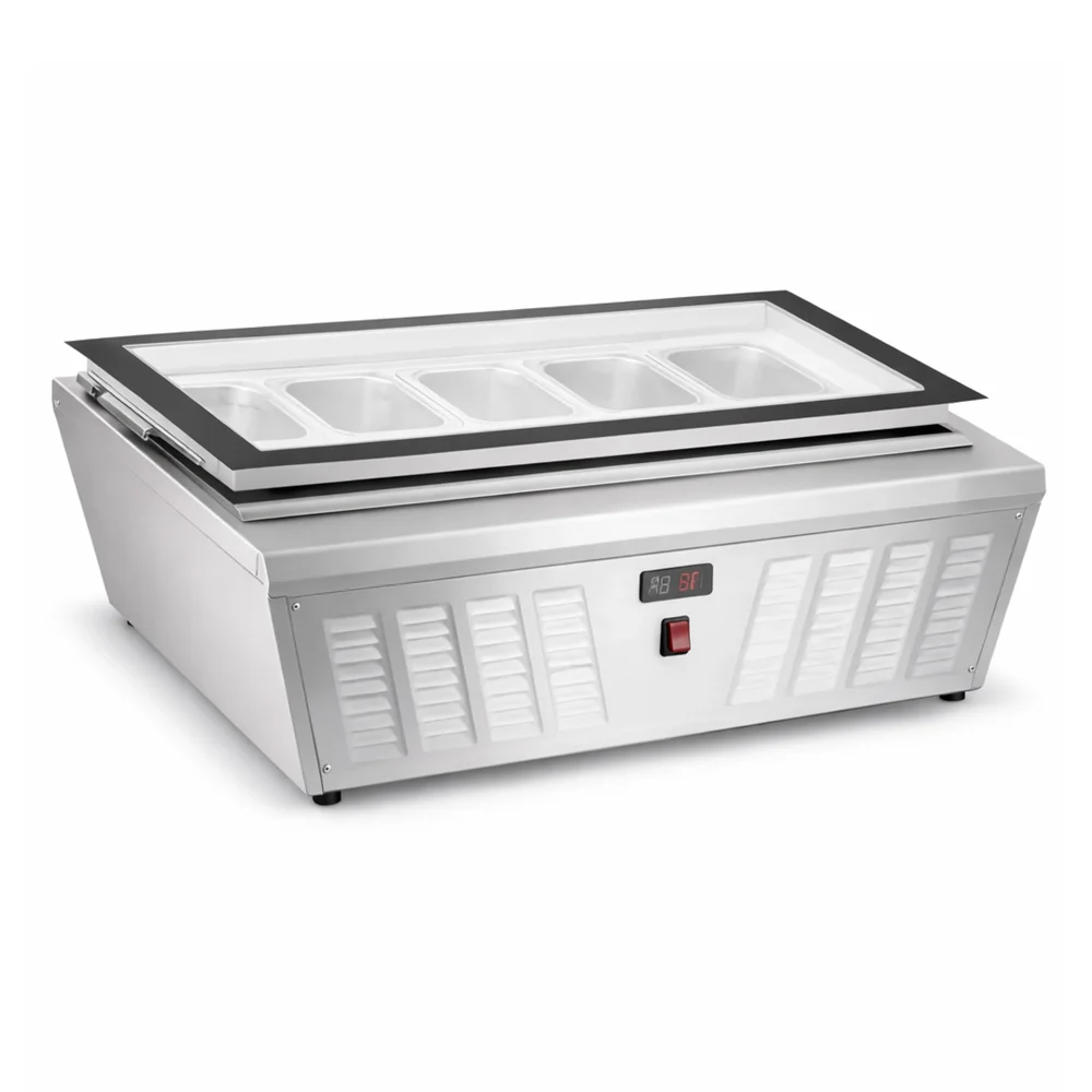Display Cold Showcase 87L Stainless Steel Glass Static Cooling Digital ControlLEDLighting 8 × 1/6 GN Adjustable Feet with FlatLid 86.7 × 73.5 × 38.2 cm (L × W × H)
