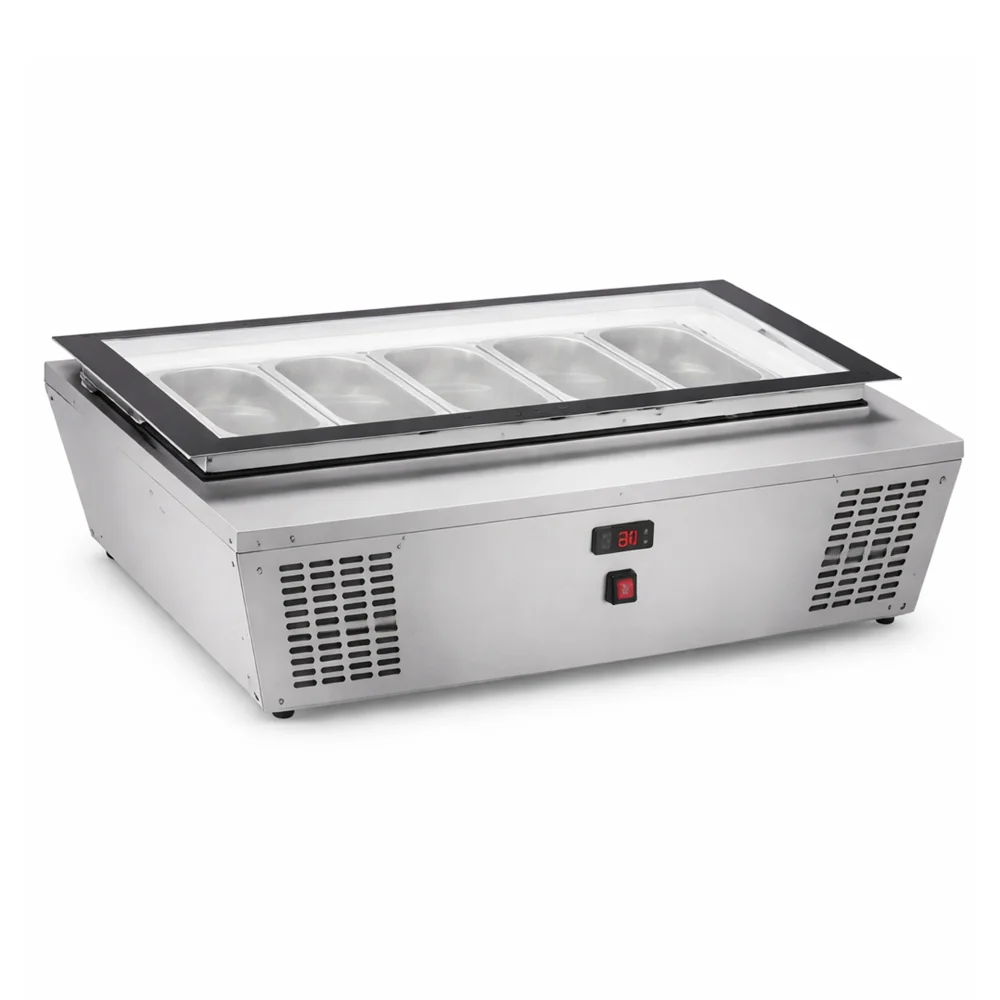 Ice Cream Display Showcase 83L Stainless Steel Glass Static Cooling Digital ControlLEDLighting 5 × 1/3 GN Adjustable Feet with FlatLid 97.7 × 65 × 29 cm (L × W × H)
