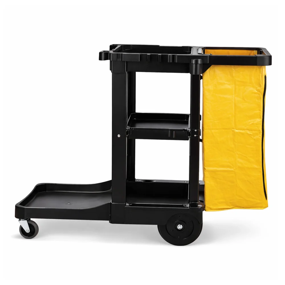 Rubbermaid, Cleaning Cart, 3 Shelves, 32 Gallons Waste Capacity, Black