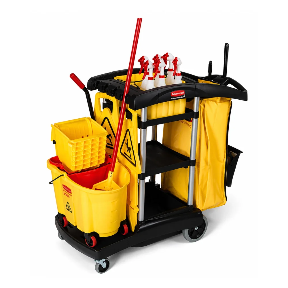 Rubbermaid Commercial Janitor Heavy Duty Cleaning Cart  34 Gallon Capacity, 3 Shelves, 44 Inch Height