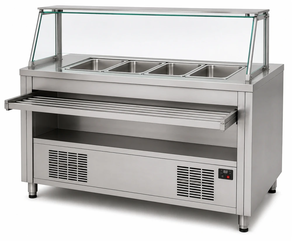 Cold Bainmarie Service Unit with Sneeze Guard and Tray Slider 125 × 109 × 85 cm (L x W x H)