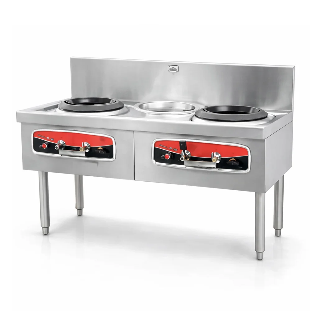 Commercial Gas Range with Single Boiler 2 Burner + 1 Boiler 36 kW Floor Standing Stainless Steel Knob Control Electric Ignition NG/LPG for Commercial Kitchen