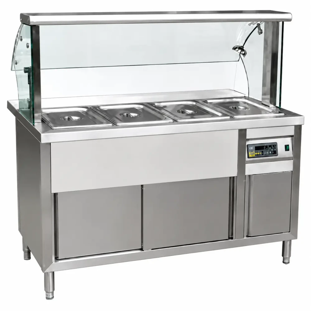 Hot Bain Marie Food Display Station Electric 5 GN 1/1 Pans Stainless Steel Curved Glass Display Counter 182.5 X 81 X 136.3 ( L x W x H) cm