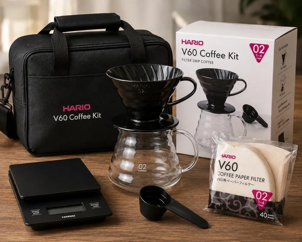 Hario V60 Coffee Set with Dripper, Server, Filter Paper, Spoon and Scale, Black