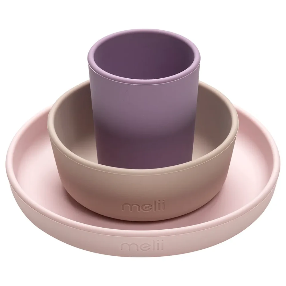 Melii Silicone Feeding Set 3-Piece Toddler Safe Plate Bowl and Cup, Pink