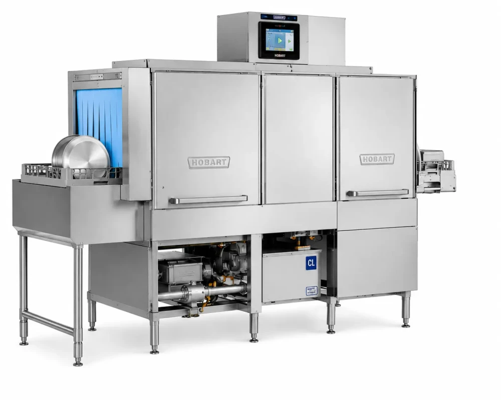 Hobart Commercial Conveyor Dishwasher with Power Scrapper, 2-Tank Design, 340 Racks/Hour, Stainless Steel, 219.1 x 79.4 x 174 cm