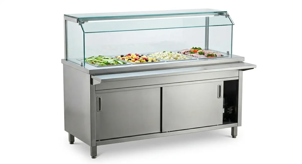 Electric Cold Bain Marie 4 x GN 1/1 Containers Stainless Steel Cabinet with Bottom Shelf and Infrared Heated Glass 150 x 70 x 135 (L x W x H)