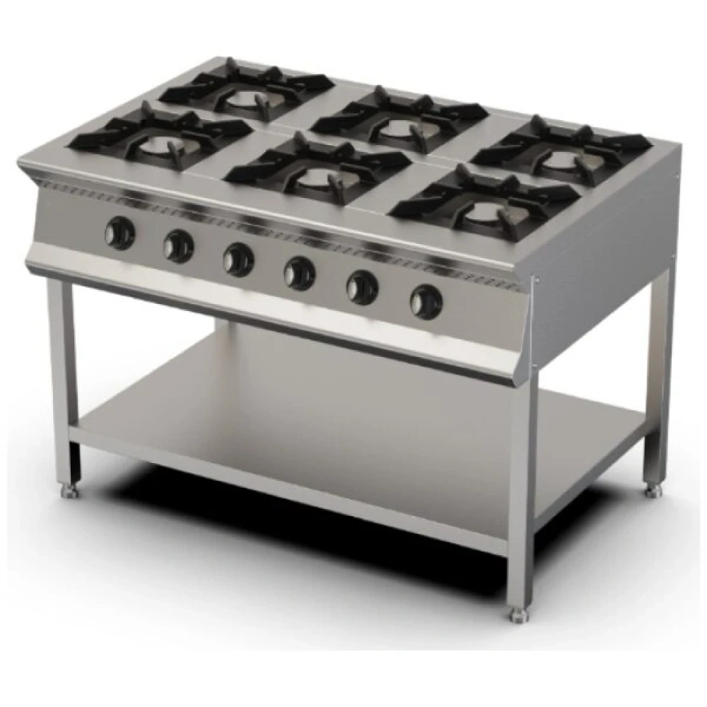 Commercial Gas Cooker with Open Stand, 6 Burner, Low Pressure, Stainless Steel, 42.96kW, 150 × 100 × 85 cm (L × W × H)