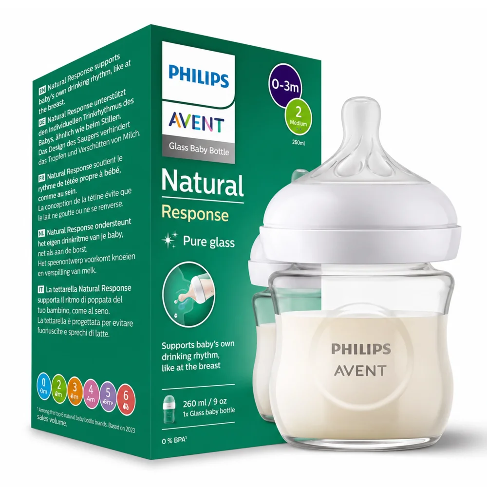 Philips Avent Natural Response Glass Baby Feeding Bottle 120mL (0–3 Months), Anti-Colic, BPA Free, Supports Natural Drinking Rhythm