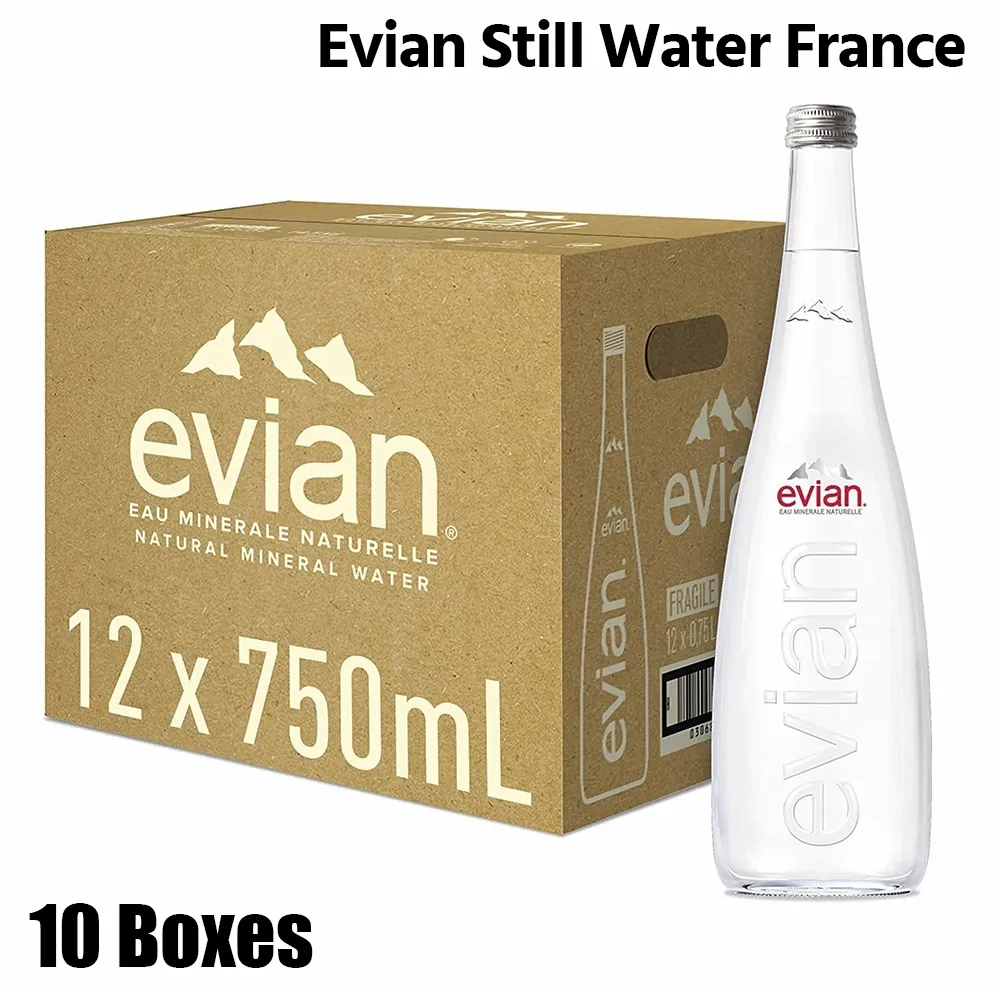 Evian Still Water, Glass Bottles, France, 10 Boxes (12 Bottles x 750ml Each)