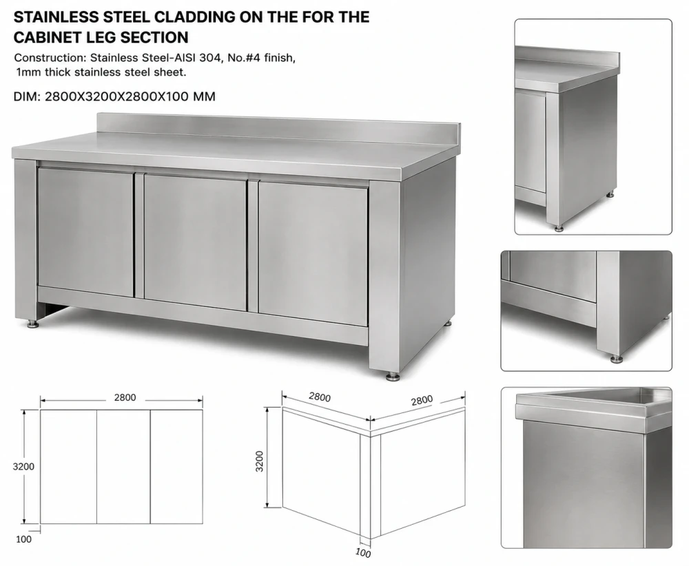 Stainless Steel Cabinet Leg Section Cladding Panel 2800 x 3200 x 100 mm Protective Cover