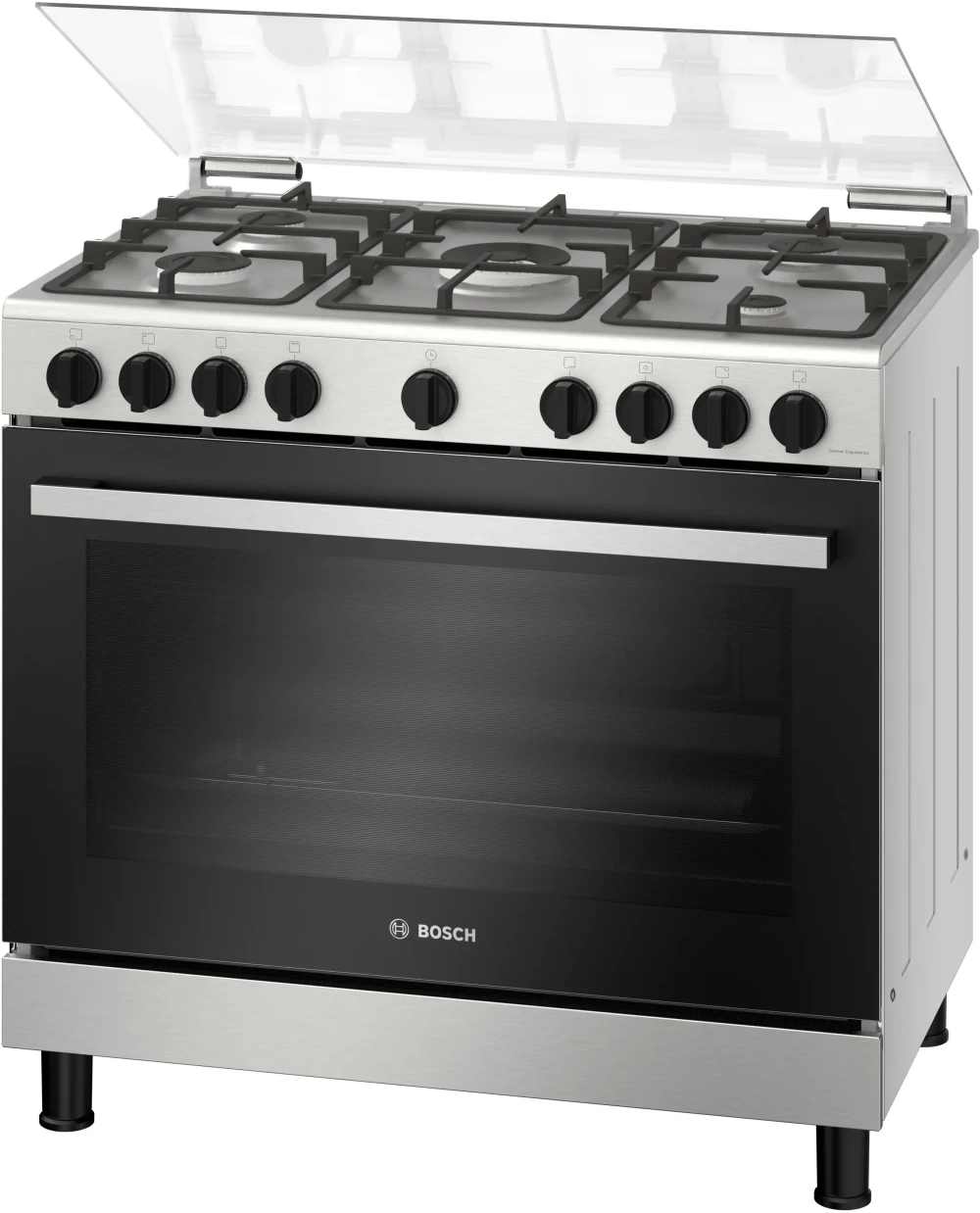 Bosch Series 2 Gas Range Cooker, 5-Burner, 125L, Stainless Steel, 88.4–92.9 × 89.9 × 60.7 cm (H × W × D)
