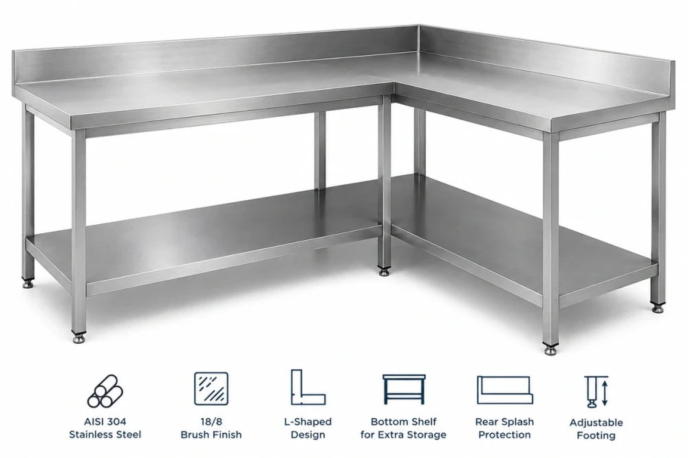 Stainless Steel L-Shaped Table with Bottom Shelf, 1800 + 1685 × 600 × 900 mm (L × W × H)