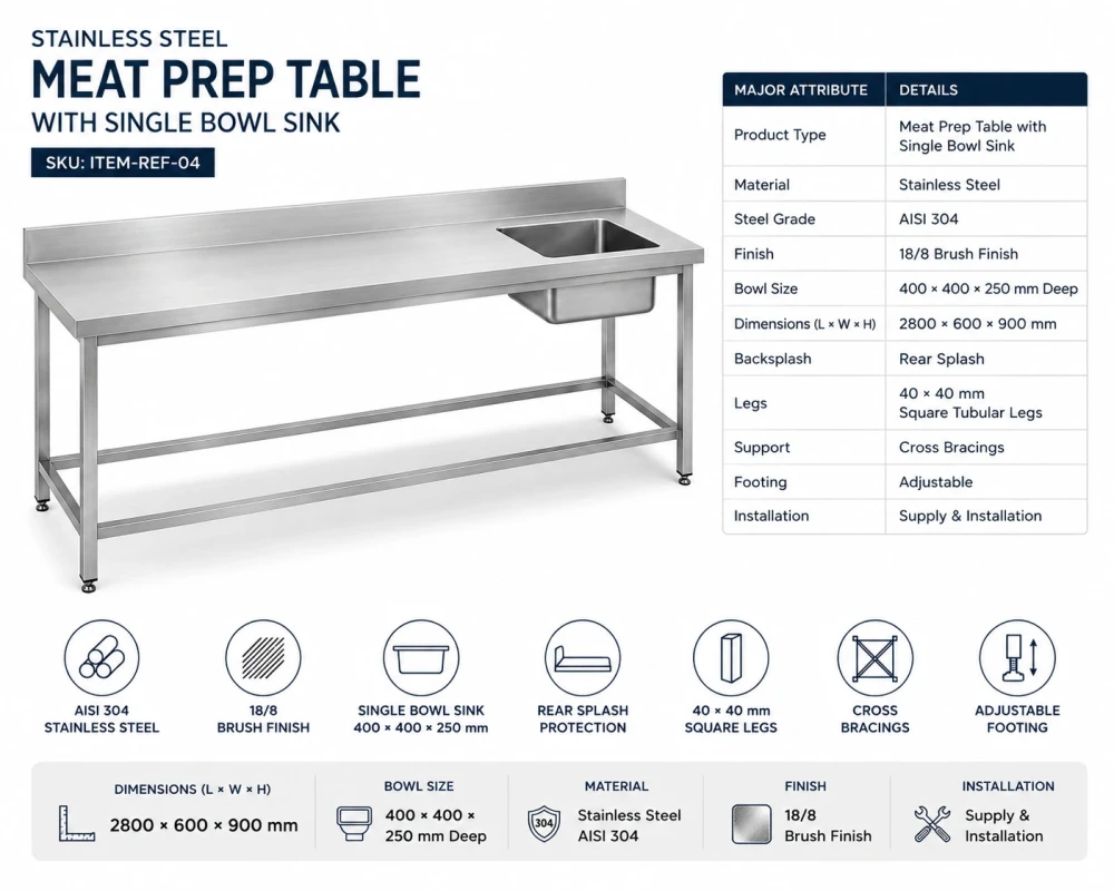 Stainless Steel Meat Preparation Table with Single Bowl Sink, 2800 × 600 × 900 mm (L × W × H)