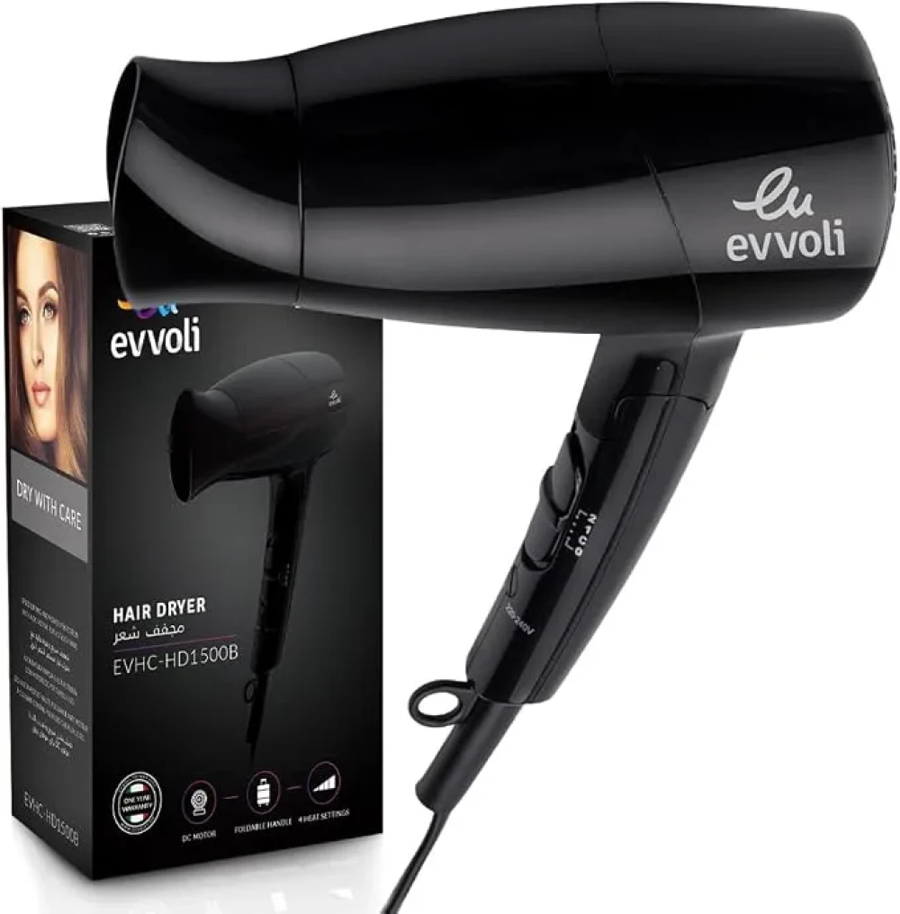 evvoli, Ionic Hair Dryer ,1500W with 4 Position Slide Switch, Foldable Handle, Color Black