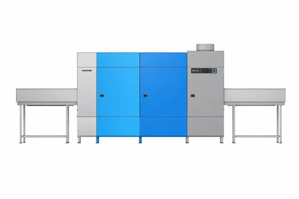 Winterhalter Rack Conveyor Dishwasher, Three-Tank, 85–210 Racks/Hour, 284 × 85 × 177 cm (W x D x H)