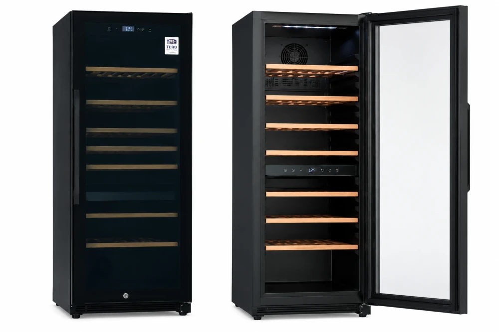 Wine Cooler 140 Bottles Triple Zone Wooden Shelves Fan Cooling Single Glass Door Black 54.5 × 60 × 167.5 cm (W x D x H)