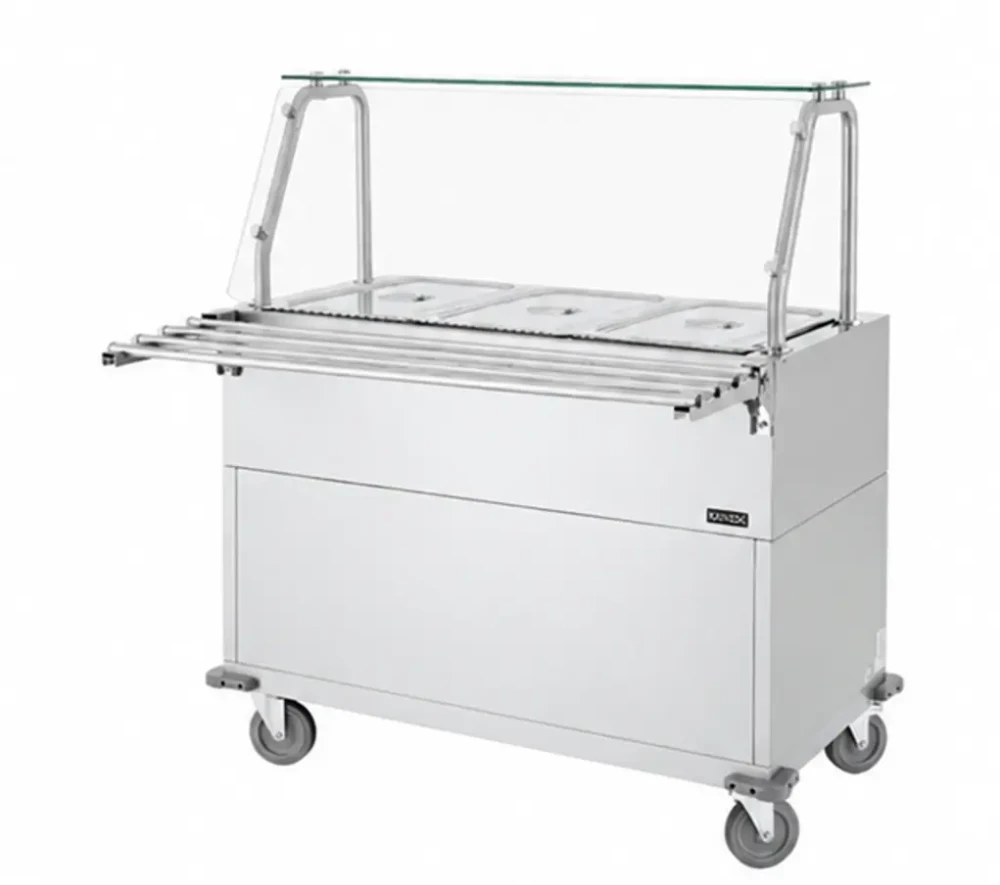 Electric Mobile Warming Serving Station 3 GN 1/1 Pans Stainless Steel Curved Glass Display 116.5 x 81 x 136.3 cm (W x D x H)