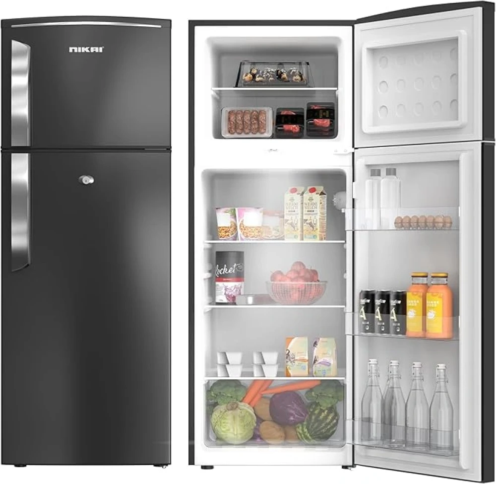 Nikai Double Door Top Mount Refrigerator, 280 L Gross Capacity, R600A Refrigerant, Dark Grey, 52.3 × 54.3 × 144 cm (L × W × H)