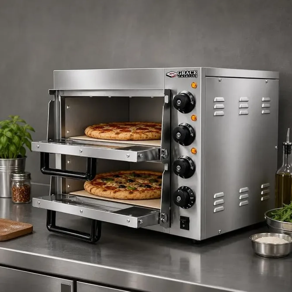 Grace Commercial Double Deck Electric Pizza Oven with 2 Stone Decks, Stainless Steel, 56 × 57 × 44 cm (W × D × H)