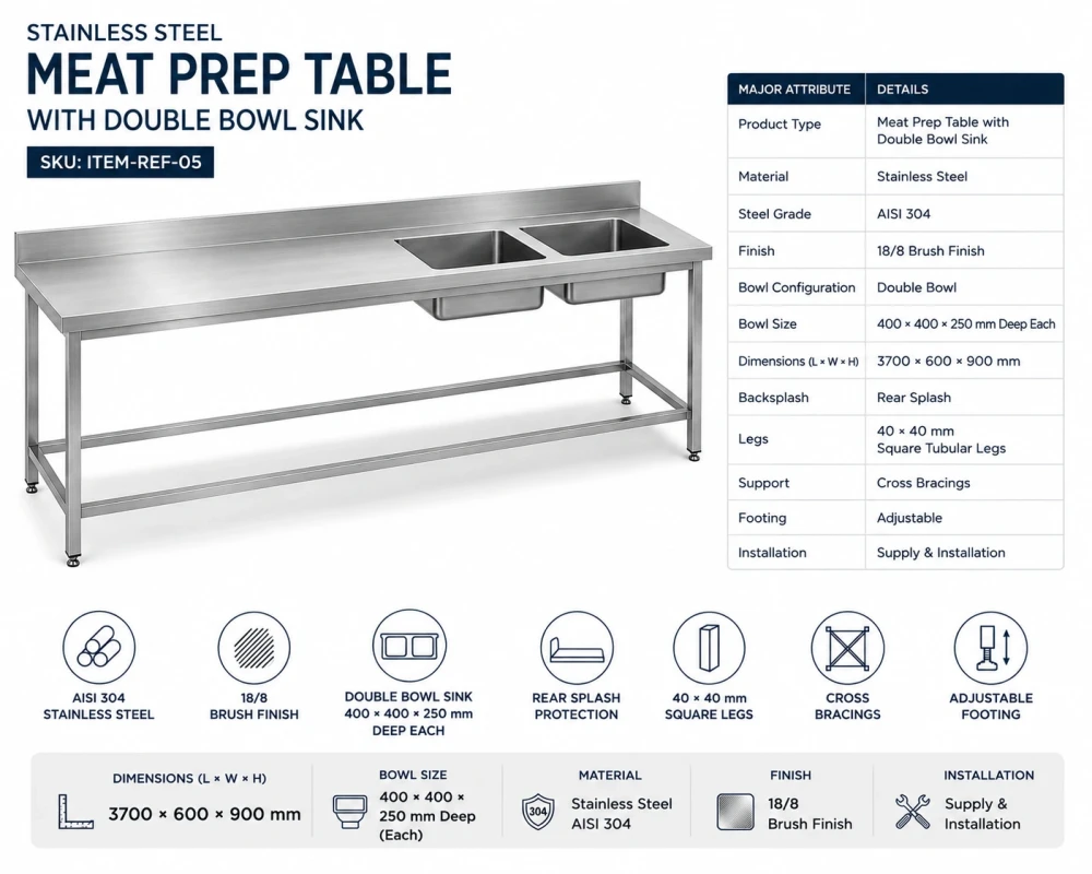Stainless Steel Meat Preparation Table with Double Bowl Sink, 3700 × 600 × 900 mm (L × W × H)