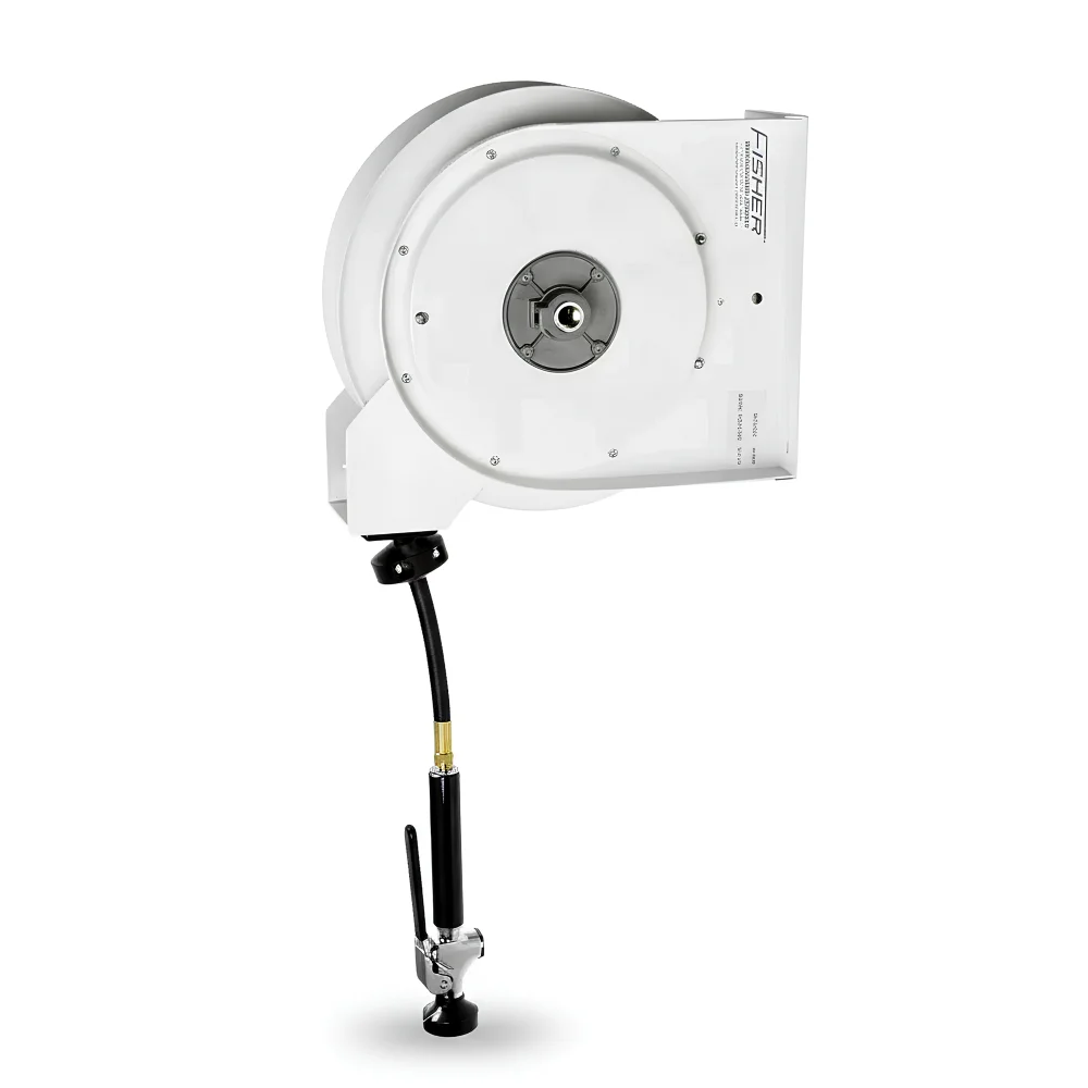 Fisher, Hose Reel, Fiber Reinforced, White, 30 ft Hose, 3/8 in Diameter, 160 °F