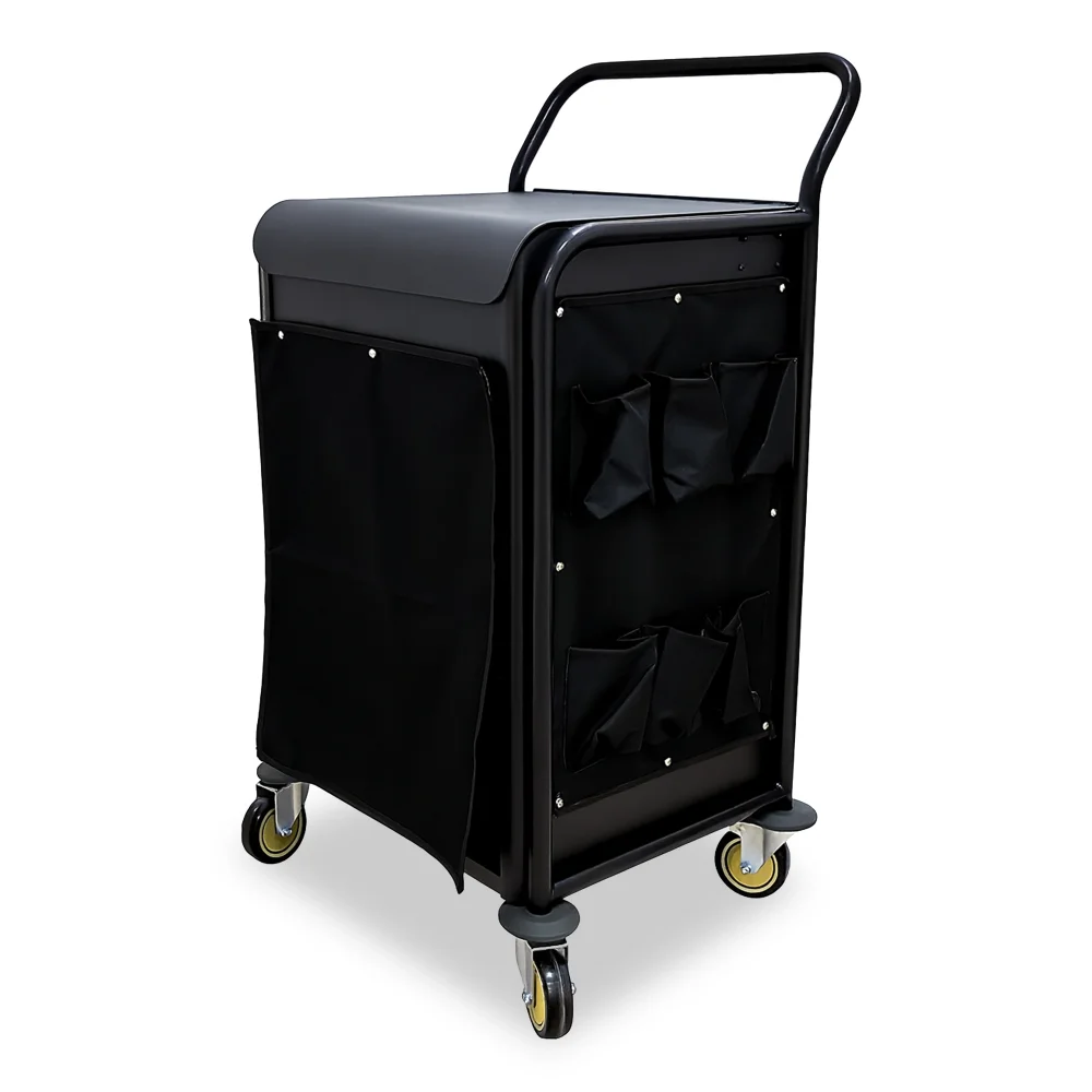 Brooks, Housekeeping Cart, Aluminum, Black, With Handle, 4 Wheels, Canvas Bag