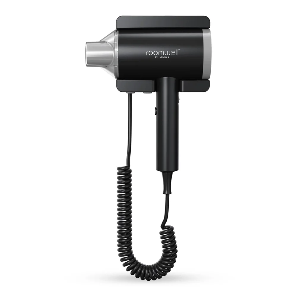Roomwell Winzi 1800W Wall Mounted Hair Dryer, Efficient Space-Saving Storage Solution, Anti-Theft, High Power, Silent, Hot/Cold Functions, Color Black