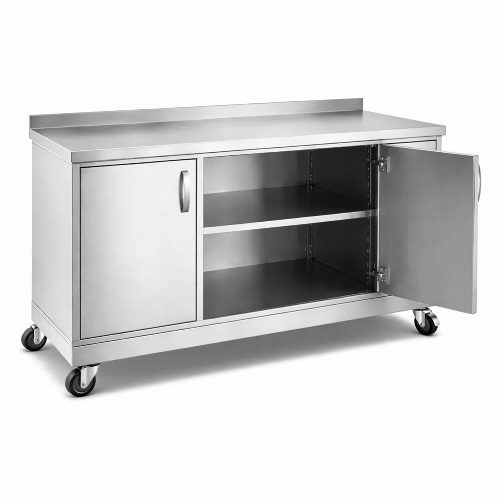 Cabinet 2 Door Stainless Steel 18/8 Brushed FinishLow Height 4 CastersLeaf Hinged Door 120 × 70 × 90 cm (L × W × H)