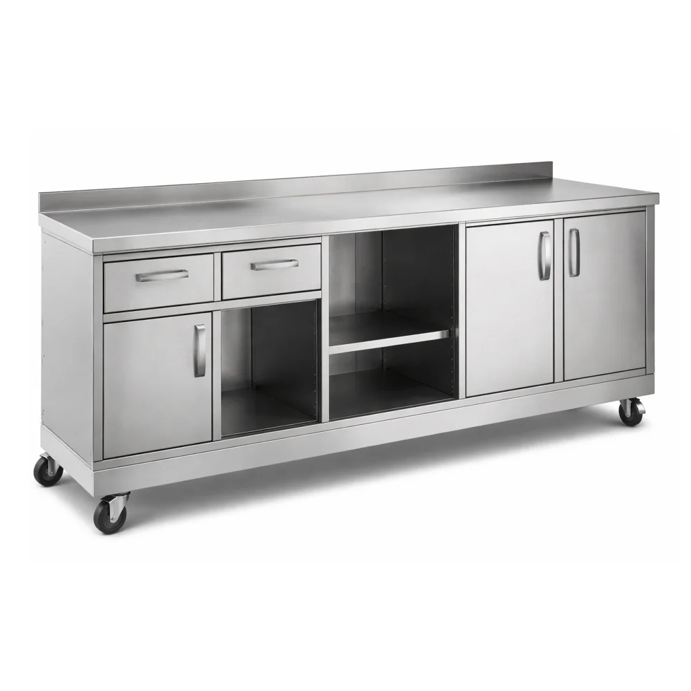 Cabinet 2 Door 3 Drawer Stainless Steel 18/8 Brushed Finish Mobile 4 Casters Bottom Shelf 270 × 70 × 90 cm (L × W × H)