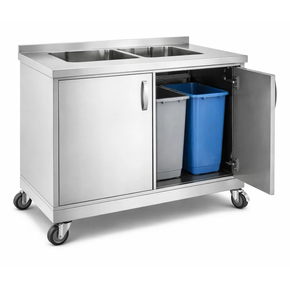 Cabinet with Waste Bin 2 Door Stainless Steel 18/8 Brushed Finish Mobile 4 Casters Bottom ShelfLeaf Hinged Door 100 × 70 × 90 cm (L × W × H)