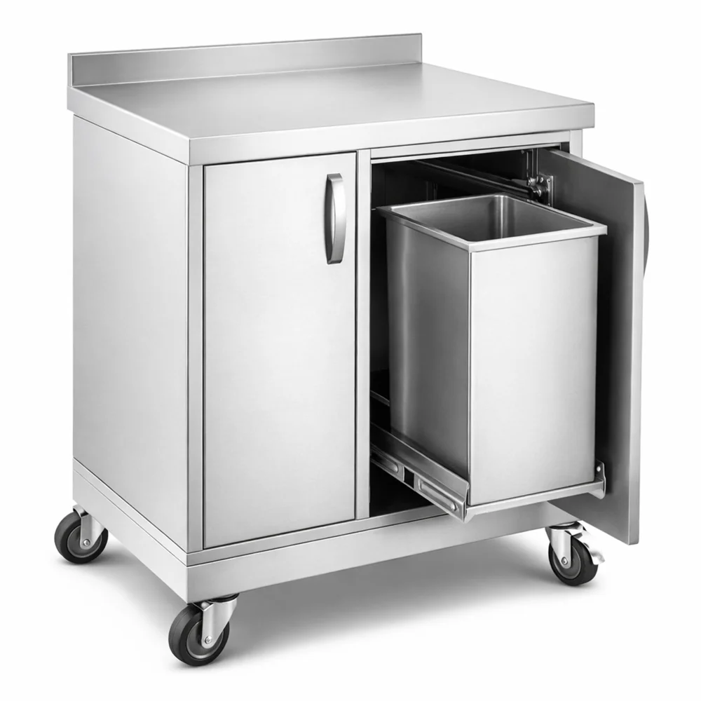Cabinet with Pull Out Waste Bin Stainless Steel 18/8 Brushed Finish Mobile 4 Casters 50 × 70 × 90 cm (L × W × H)