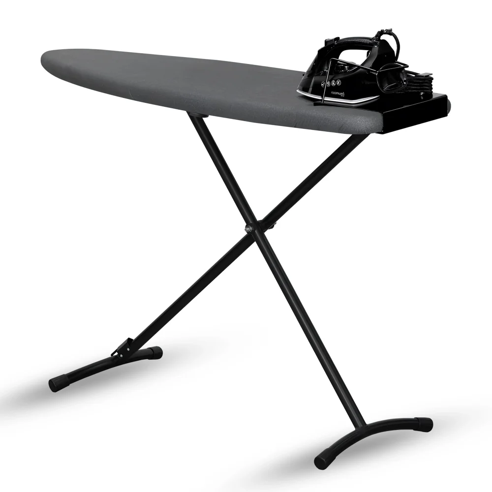 Roomwell Prestige Anti-Theft Ironing Board, L 130 x W 41.5 cm, Flame Retardant Metallic Cover, 8mm Thick Fiber Pad,  Adjustable Height, Sturdy Steel Tubular Legs, Color Black