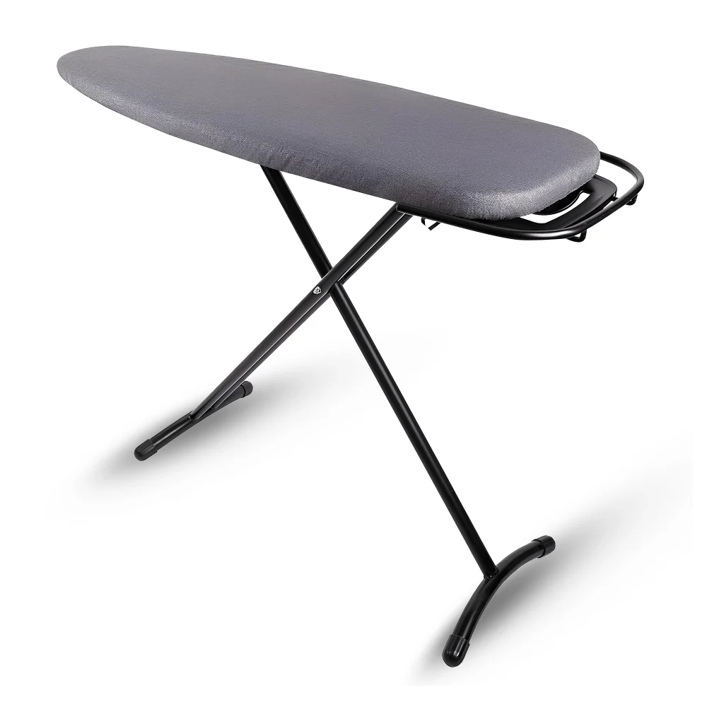 Roomwell Ironing Board with Retractable Iron Rest, L 122 x W 37 cm, Flame Retardant Metallic Cover, 8mm Thick Fiber Pad,  Adjustable Height, Sturdy Steel Tubular Legs, Color Black