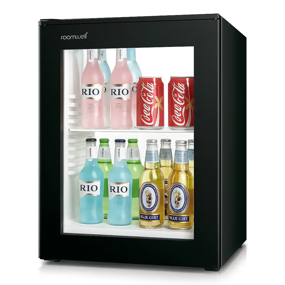 Roomwell High Cool Absorption Minibar, Glass Door 40 Litres, H 55.8 x W 40 x D 42.5 cm, 100% Silent, Ultra-Cooling, CFC/HCFC Free, Color Black