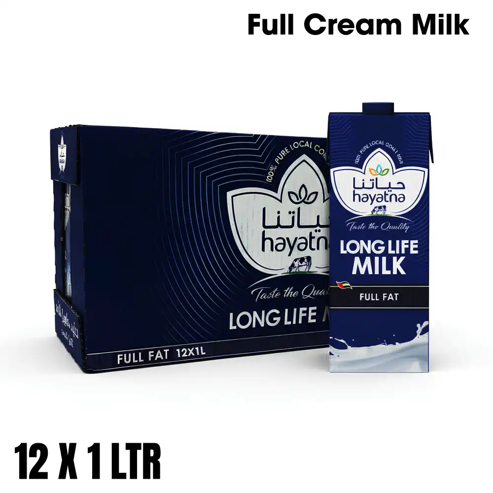 Hayatna, Milk, Full Cream, 1 L, Carton of 12 Packets